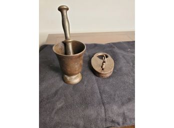 Cast Iron Pestle And Mortar And Large Antique Lock.