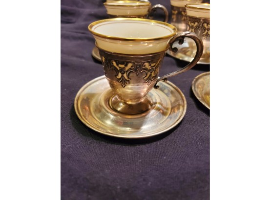 Set Of 12 Sterling And Ceramic Cups And Saucers