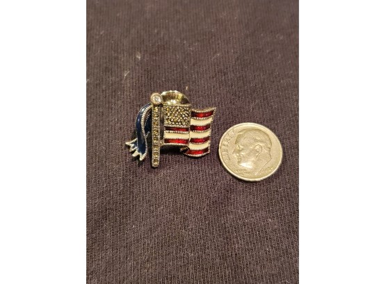 American Flag Pin With Sterling Silver, CZ Diamond And Emamel