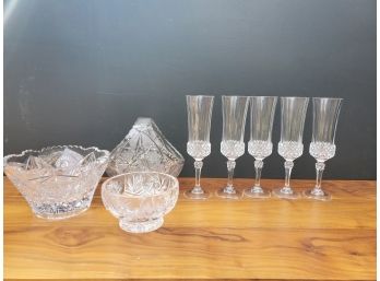 Leaded Crystal Champagne Flutes And Other Cut Glass Dishes