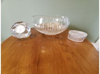 Waterford Bowl, Glass Dish And Heavy Glass Orrefors Clock