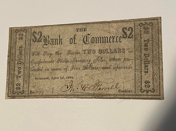 Bank Of Commerce 1864 $2 Confederate Bank Note. Savannah GA