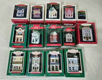 Boxed Hallmark Keepsake Collector's Series Nostalgic Houses And Shops Ornaments Group- ~14 Pieces