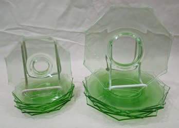Assorted Green Depression Glass Octagonal Plates Group- 16 Pieces