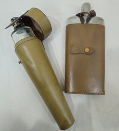 Assorted Glass Flasks With Leather Cases Group- ~2 Pieces