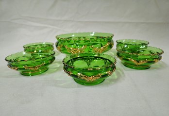 EAPG Heisey Winged Scroll Green Glass Berry Bowl Set- ~6 Pieces