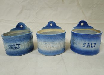 Assorted Blue Stoneware Salt Crocks Group- 3 Pieces