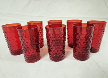 Anchor Hocking Ruby Red Hobnail Glass Flat Tumblers Group- Set Of 8