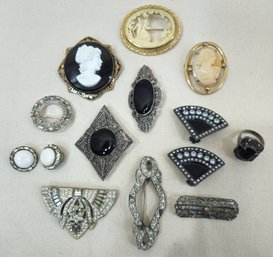 Assorted Women's Marcasite, Rhinestone, & Cameo Fashion Costume Jewelry Group- ~12 Pieces