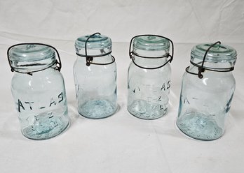 Atlas E-Z Seal Aqua Glass Quart Canning Fruit Jars Group- ~4 Pieces