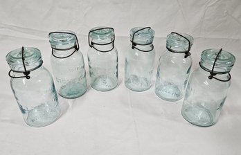 Trademark Lightning Aqua Glass Quart Canning Fruit Jars Group. ~6 Pieces.