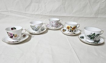 Assorted English Queen Anne Bone China Teacups & Saucers Group- ~5 Sets