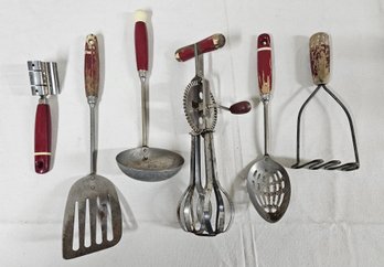 Assorted Red Wood Handle Kitchen Utensils Group- ~6 Pieces