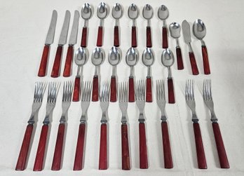 Assorted Sta-Brite Stainless Steel Flatware With Red Bakelite Handles Group- ~27 Pieces