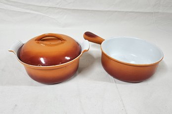 Assorted Made In Holland Red/Orange Flame Enameled Cast Iron Cookware Group- ~3 Pieces