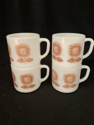 Federal Glass Company Brown Sunflowers Mugs Set- ~4 Pieces