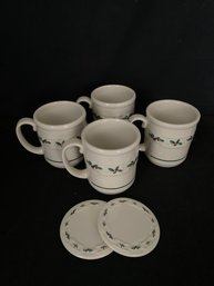 Longaberger Pottery Woven Traditions Holly Berry Coffee Mugs Set- ~6 Pieces