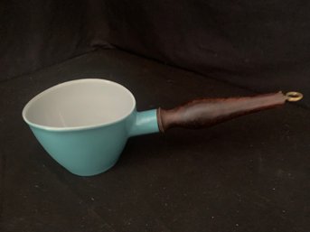 Mid-century Blue Enameled Cast Iron Butter Warmer/Saucepan With Wood Handle