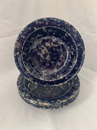Bennington Potters Blue Agate Rimmed Soup/Pasta Pottery Bowls Set- ~4 Pieces