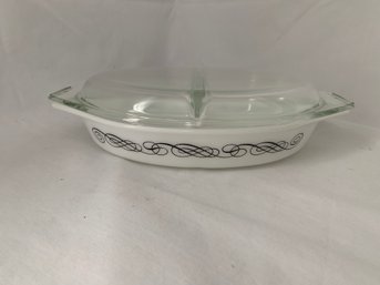 Pyrex Promotional Black Scroll Oval Divided Dish/Casserole With Lid