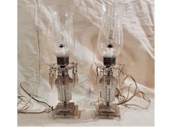 Vintage Pair Of Clear Press Cut Glass Electric Table Lamps