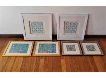 Group Of Framed Geometric Tile & Floral Wall Art Prints- 6 Pieces