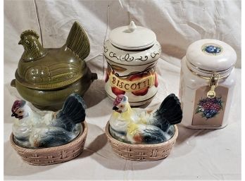 Assortment Of Vintage Ceramic Hen On Nest & Canister Jars- 5 Pieces