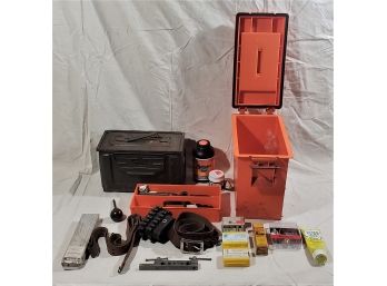 Assortment Of Reloading Accesories, Moulds, And Leather Belts