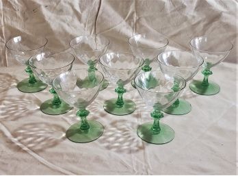 Vintage Diamond Optic Clear & Vaseline Glass Champagnes- 9 Pieces