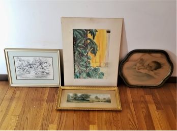 Group Of Framed Lithographs And A Matted Original Chalk Artwork- 4 Pieces