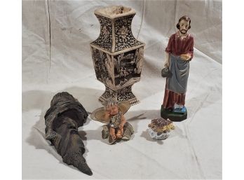 Assortment Of Vintage Resin Figures, Vase, & Wall Accent Decor- 5 Pieces