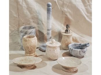 Assortment Of Marble Bathroom & Kitchen Accessories- 8 Pieces