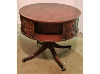 Antique Drum Table With Leather Top