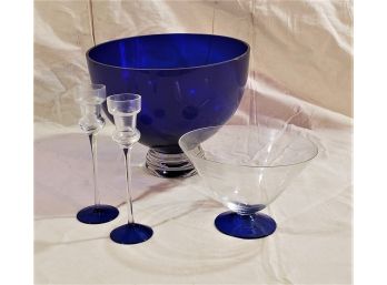 Assorted Vintage Cobalt Blue & Clear Art Glass- 4 Pieces