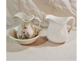 Vintage Decorative Transferware Pottery Wash Basin & Pitcher And White Ironstone Pitcher