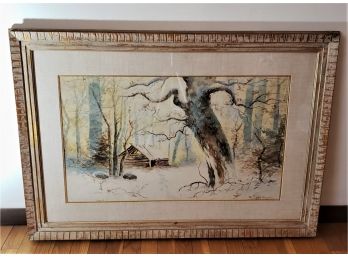 Framed R. Hills Bernish Snow Covered Cabin In The Woods Watercolor