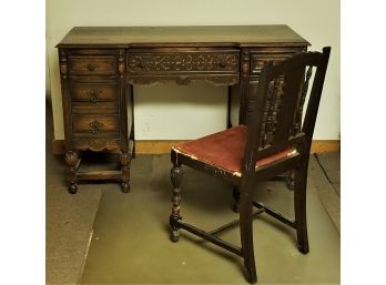 Vintage Empire Style Dark Stained Wood Desk With Chair