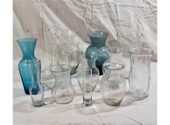 Assortment Of Clear & Blue Glass Flower Vases- 13 Pieces