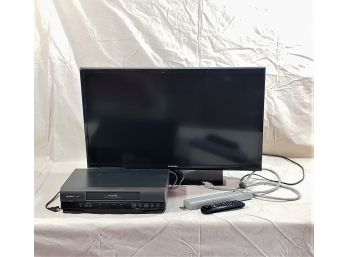Samsung 32' LED TV With Remote, Quasar VHS Player, & Interact Surge Protector