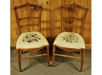 Vintage Pair Of Floral Cross-Stitched Seat Wood Chairs