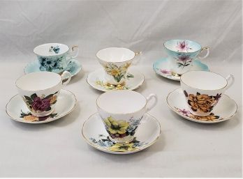 Group Of 6 Vintage Collectible English Bone China Teacups & Saucers