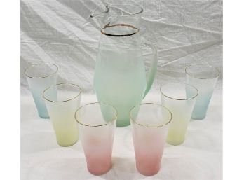 Vintage Blendo Glassware Pitcher/Carafe & 6 Glass Tumblers Set Group ~7 Pieces