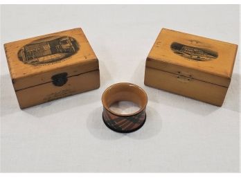 Antique Mauchline Souvenir Spool Boxes & Tartan Ware Napkin Ring Group- ~3 Pieces