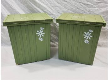 Vintage Fesco Retro Green With White Flower Lidded Waste Basket Trash Can Group- ~2 Pieces