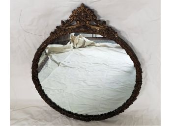 Antique 19th C. Victorian Wall Mirror In Ornate Round Wood Frame