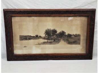 Antique 19th C.  Framed Landscape Etching Print On Matte Paper With Border Doodle