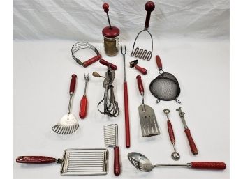 Assorted Vintage Decorative Red Enameled Wood Handled Kitchen Utensils & Gadgets Group- ~15 Pieces