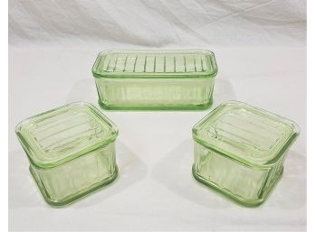 Vintage Depression Era Vaseline Green Glass Refrigerator Storage Container Sets Group- ~6 Pieces UV Reactive!