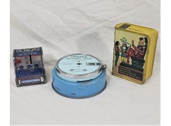 Vintage Mechanical Advertising & Tin Litho Coin Banks Group- ~3 Pieces