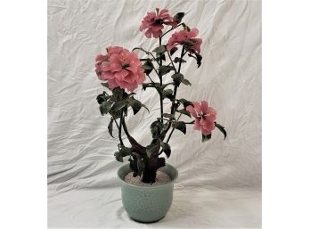 Large Chinese Hardstone Carved Bonsai Potted Pink Flower Plant